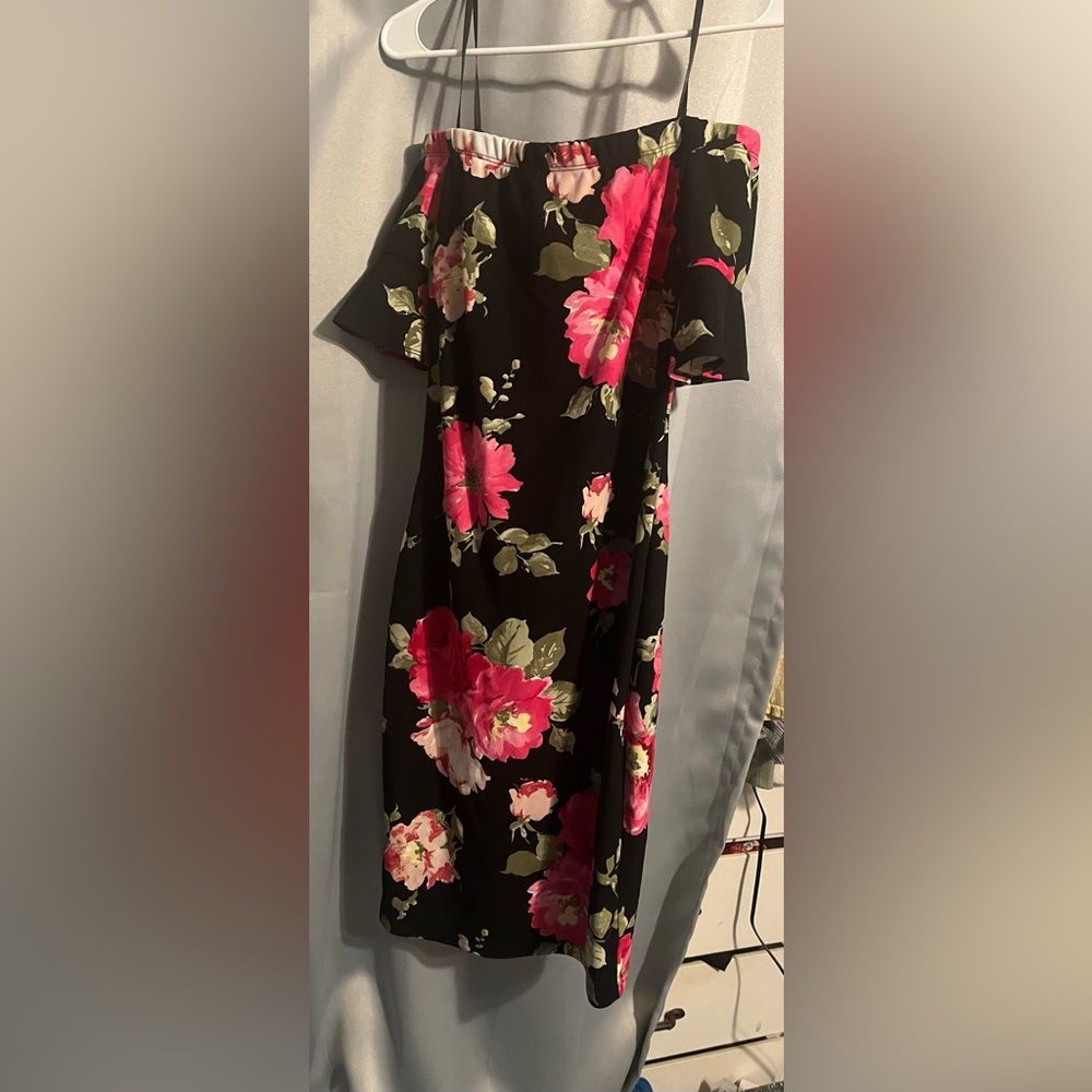 Floral Black Dress with Pink and Green Accents